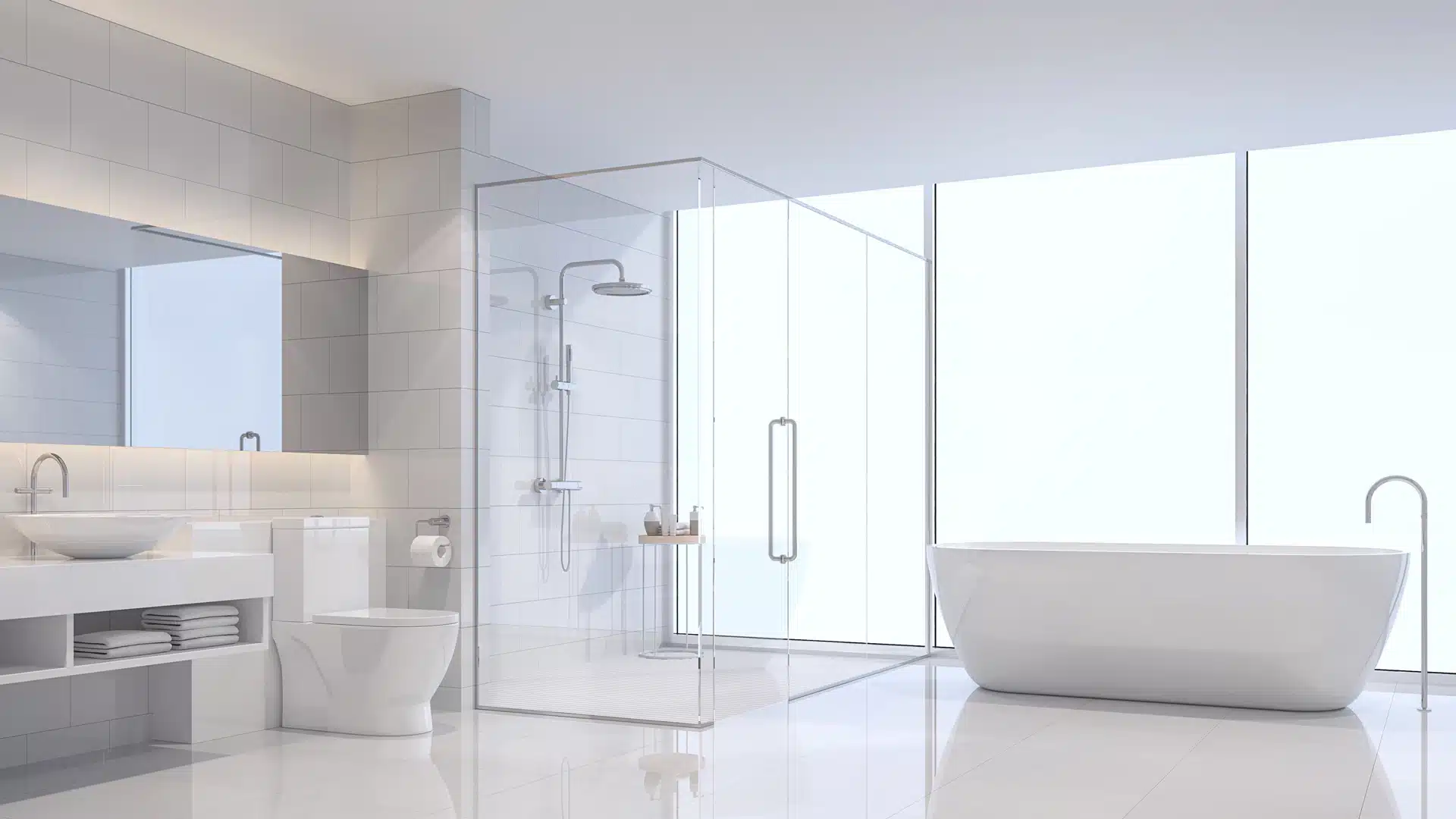 Sanitari moderni in vendita a Bologna con cabina doccia walk-in e vasca da bagno bianca